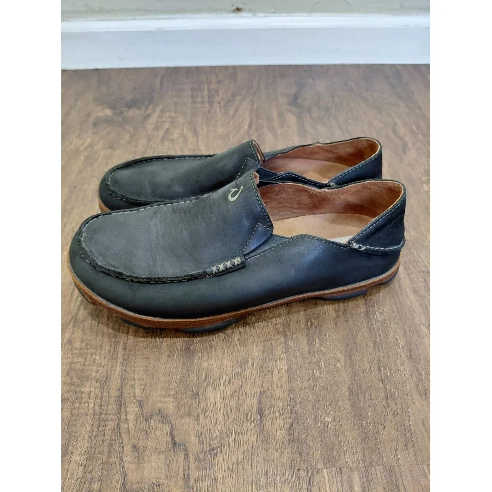 OluKai Moloa Black Leather Casual Slip On Loafers Size 10